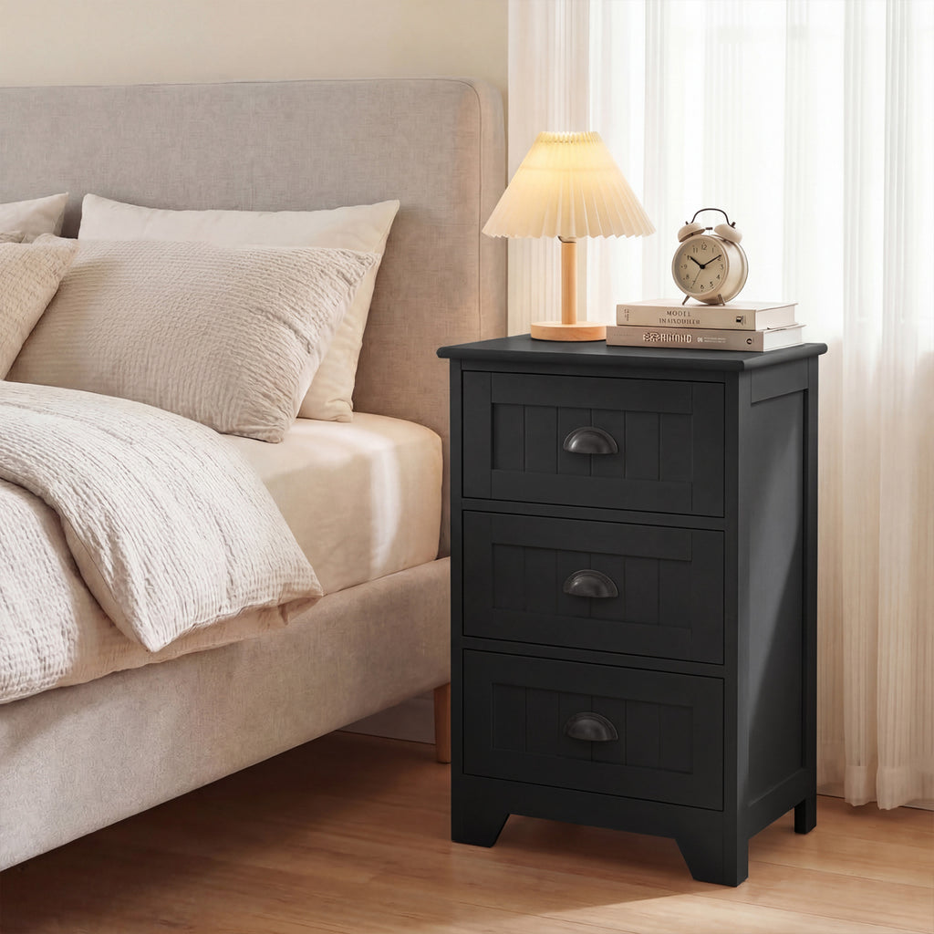 3-Drawer Nightstand with Storage, Black