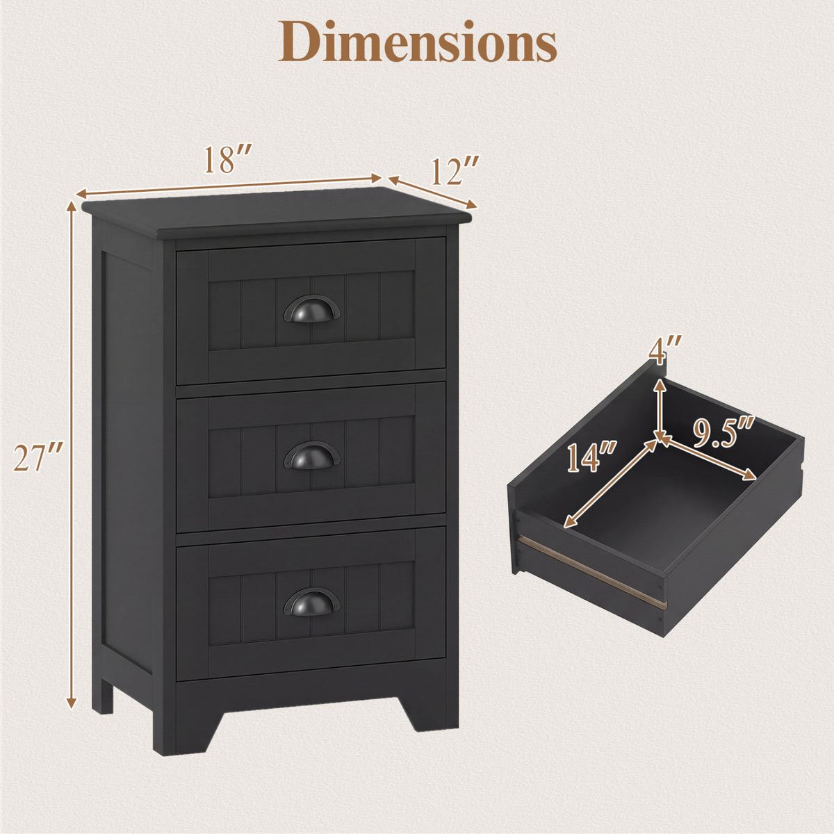 3-Drawer Nightstand with Storage, Black