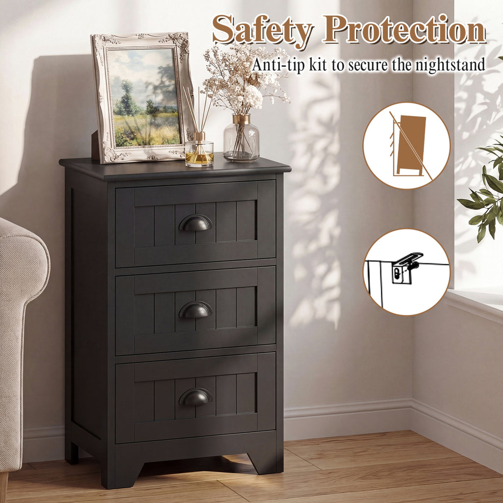 3-Drawer Nightstand with Storage, Black