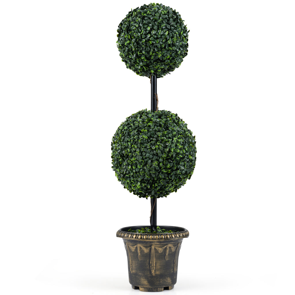 Set of 1 Artificial Boxwood Topiary Tree Double Ball Shrubs for Indoor & Porch Decor