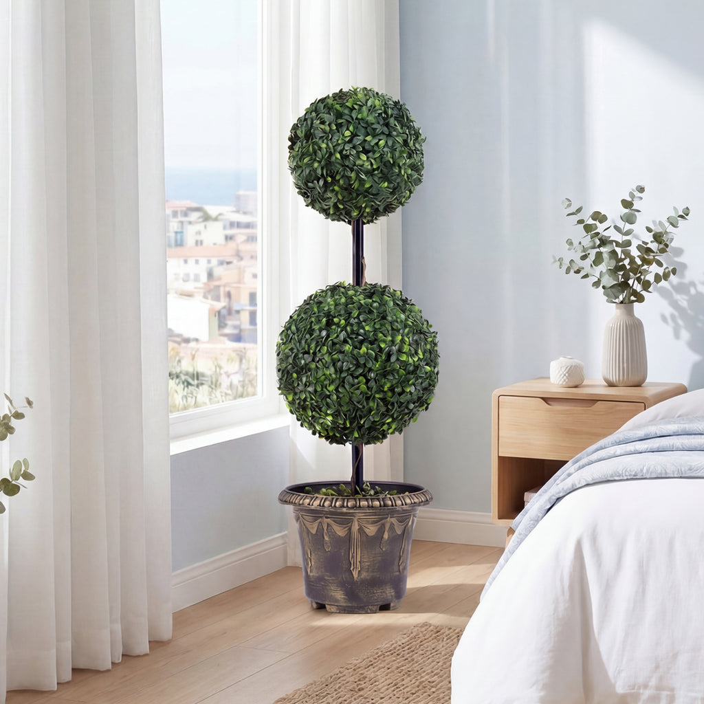 Set of 1 Artificial Boxwood Topiary Tree Double Ball Shrubs for Indoor & Porch Decor