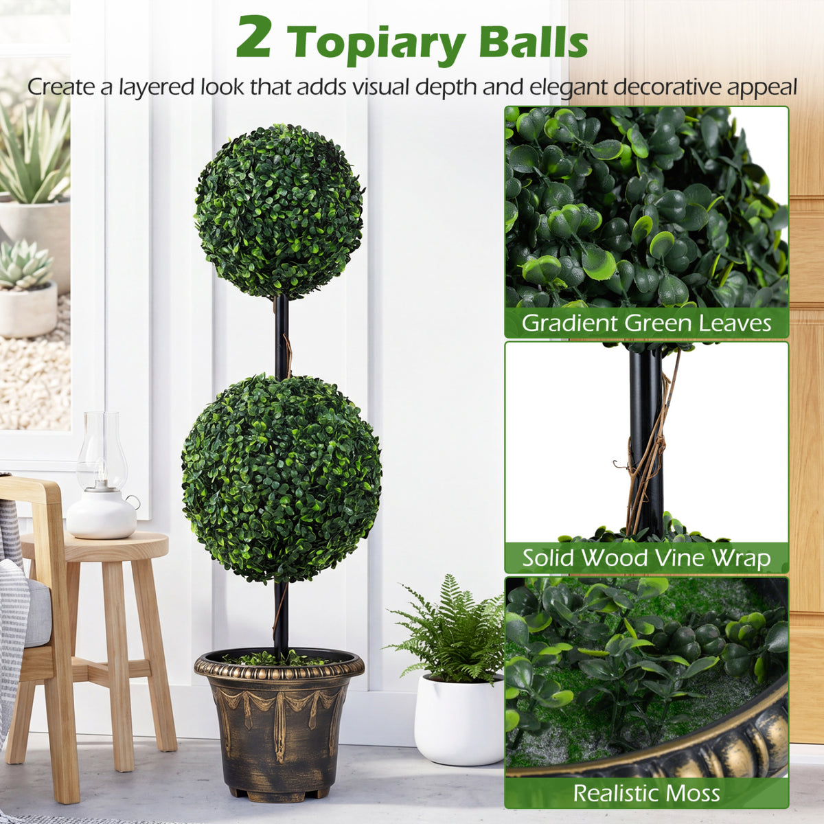 Set of 1 Artificial Boxwood Topiary Tree Double Ball Shrubs for Indoor & Porch Decor