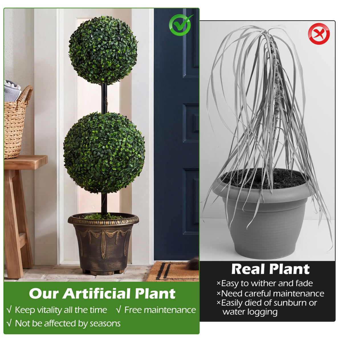 Set of 1 Artificial Boxwood Topiary Tree Double Ball Shrubs for Indoor & Porch Decor