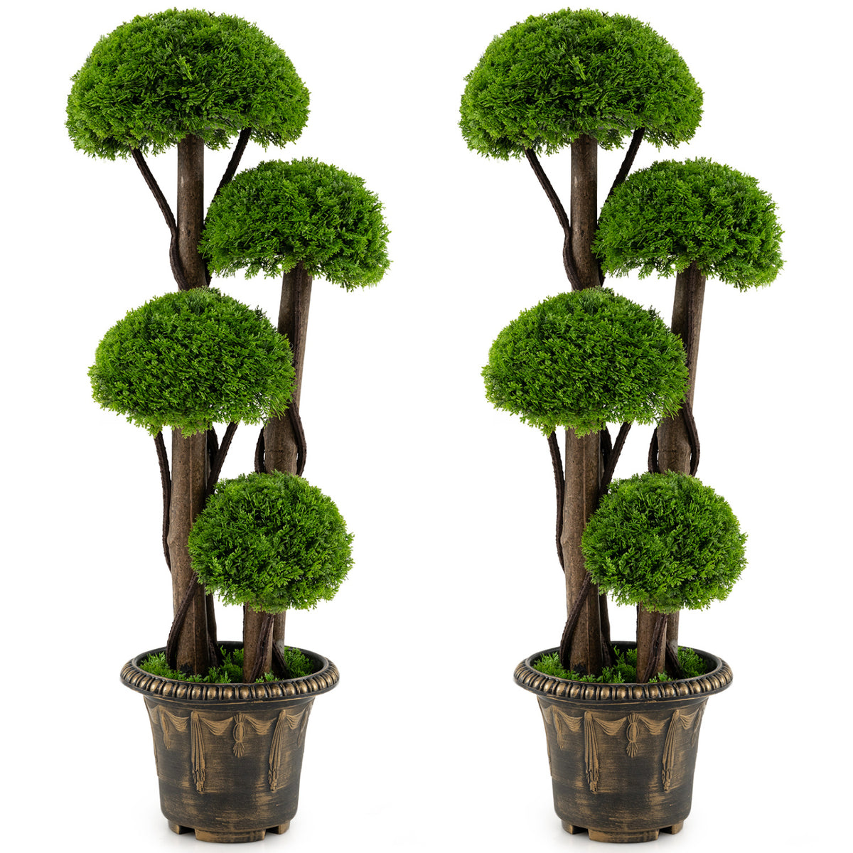 Set of 1 Artificial Cypress Topiary Tree with Real Wood Trunks - Indoor Outdoor Decor