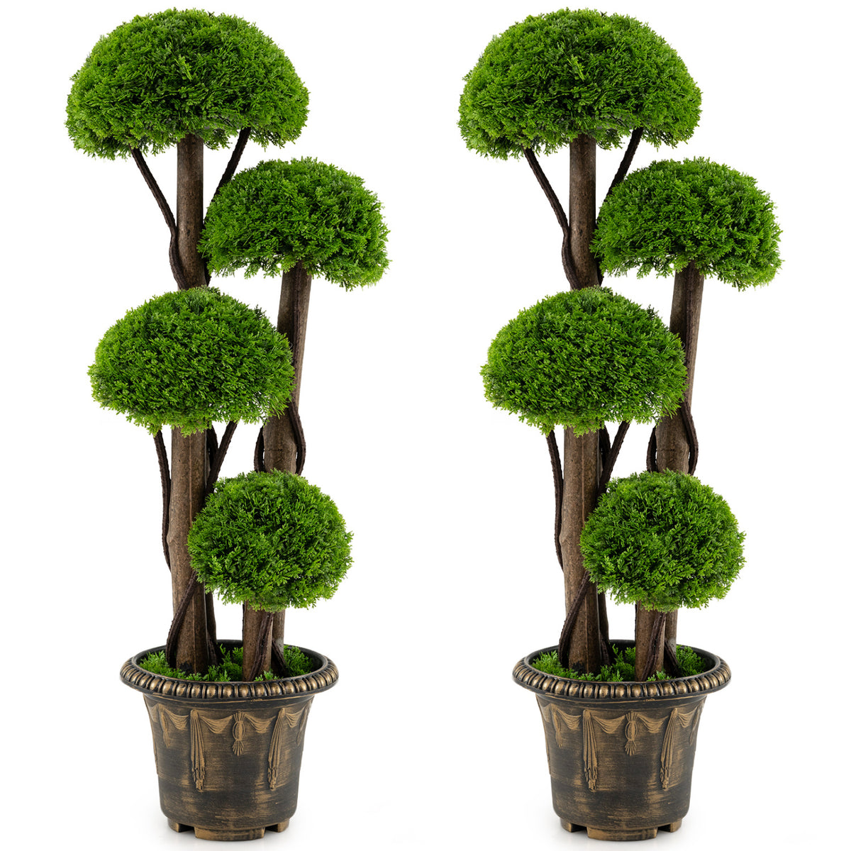 Set of 1 Artificial Cypress Topiary Tree with Real Wood Trunks - Indoor Outdoor Decor