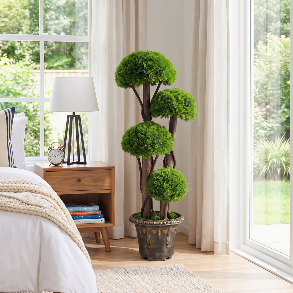 Set of 1 Artificial Cypress Topiary Tree with Real Wood Trunks - Indoor Outdoor Decor