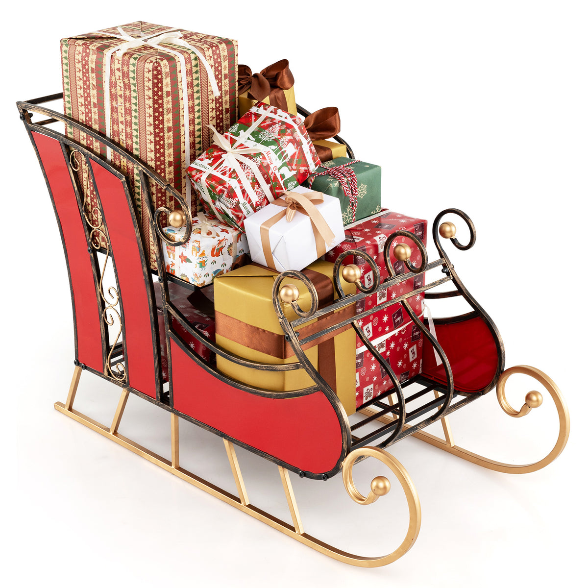 3 Ft Christmas Metal Sleigh Decoration with 2-Tier Storage Shelf - Festive Indoor Outdoor Decor - Variation of 37 x 16 x 23 Inch