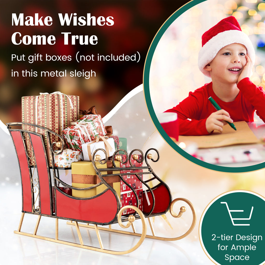 3 Ft Christmas Metal Sleigh Decoration with 2-Tier Storage Shelf - Festive Indoor Outdoor Decor - Variation of 37 x 16 x 23 Inch