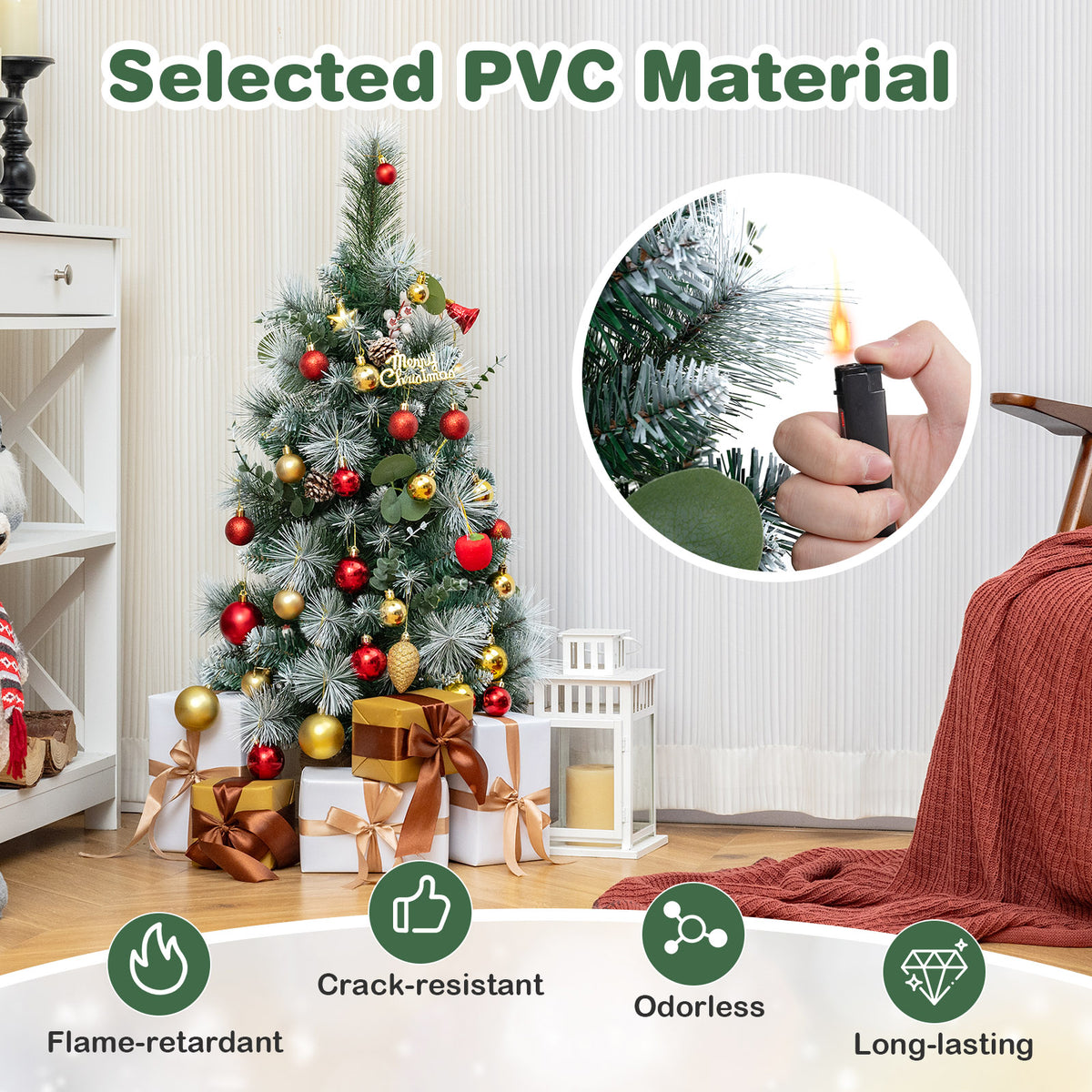 Pre-Lit Artificial Mini Christmas Tree with Flocked PVC Leaves and Warm LED Lights - 3 FT