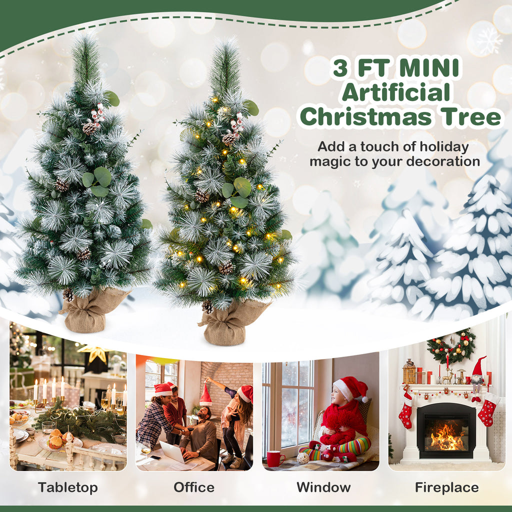 Pre-Lit Artificial Mini Christmas Tree with Flocked PVC Leaves and Warm LED Lights - 3 FT