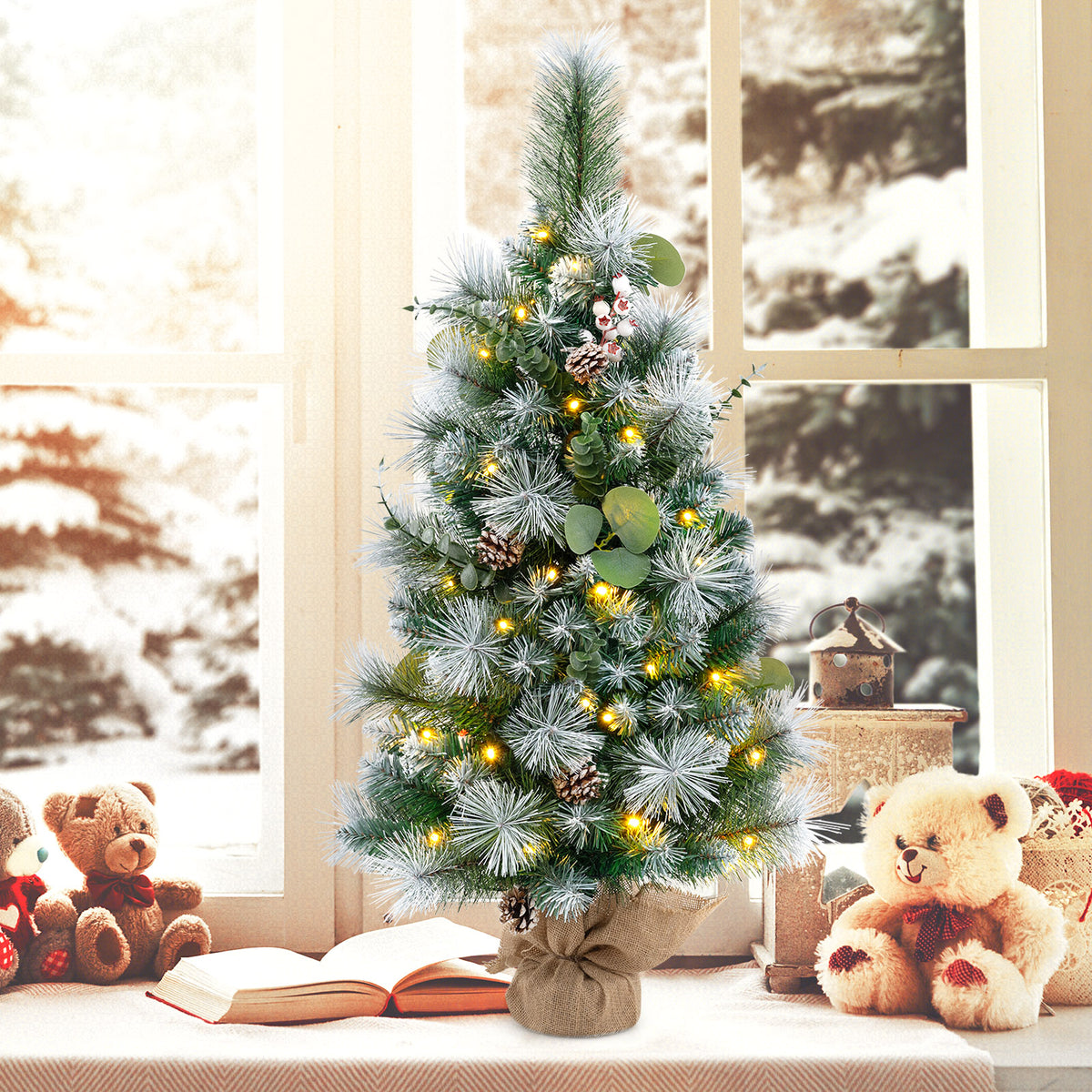 Pre-Lit Artificial Mini Christmas Tree with Flocked PVC Leaves and Warm LED Lights - 3 FT