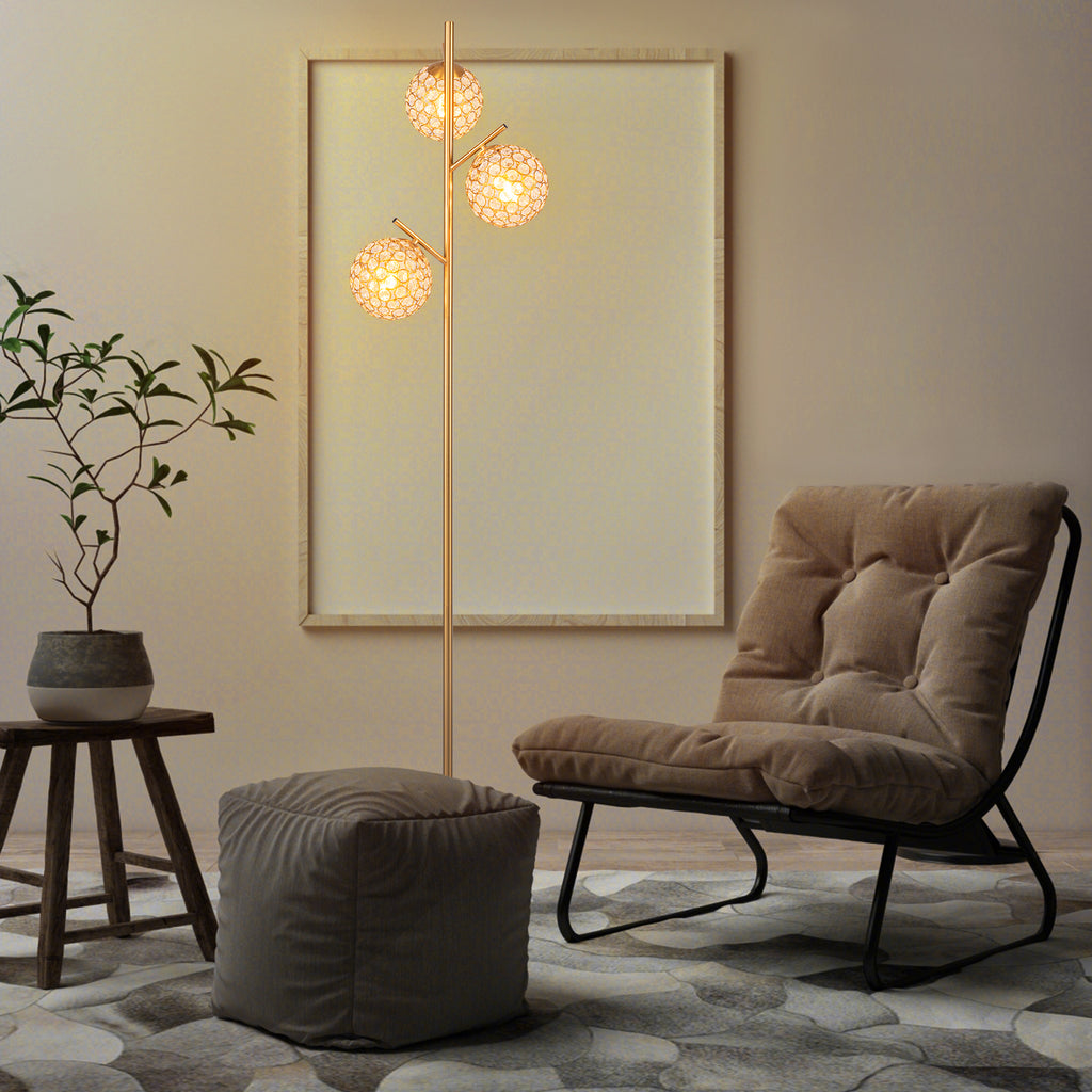 Golden 3-Globe Floor Lamp with Foot Switch & E26 Bulb Bases - Modern Home Decor
