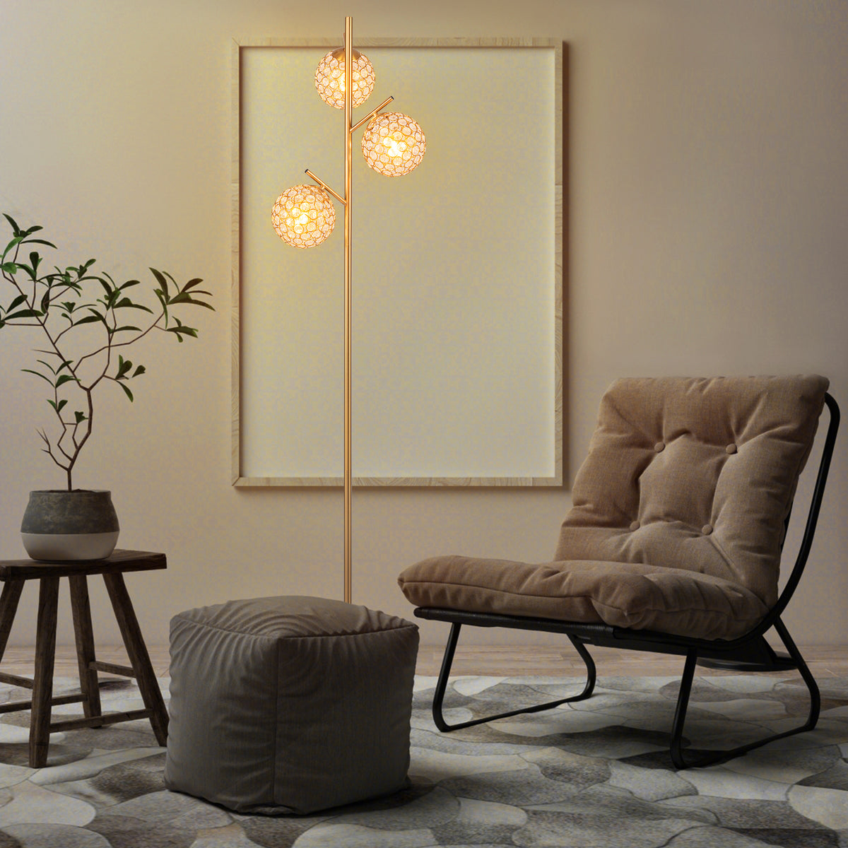 Golden 3-Globe Floor Lamp with Foot Switch & E26 Bulb Bases - Modern Home Decor