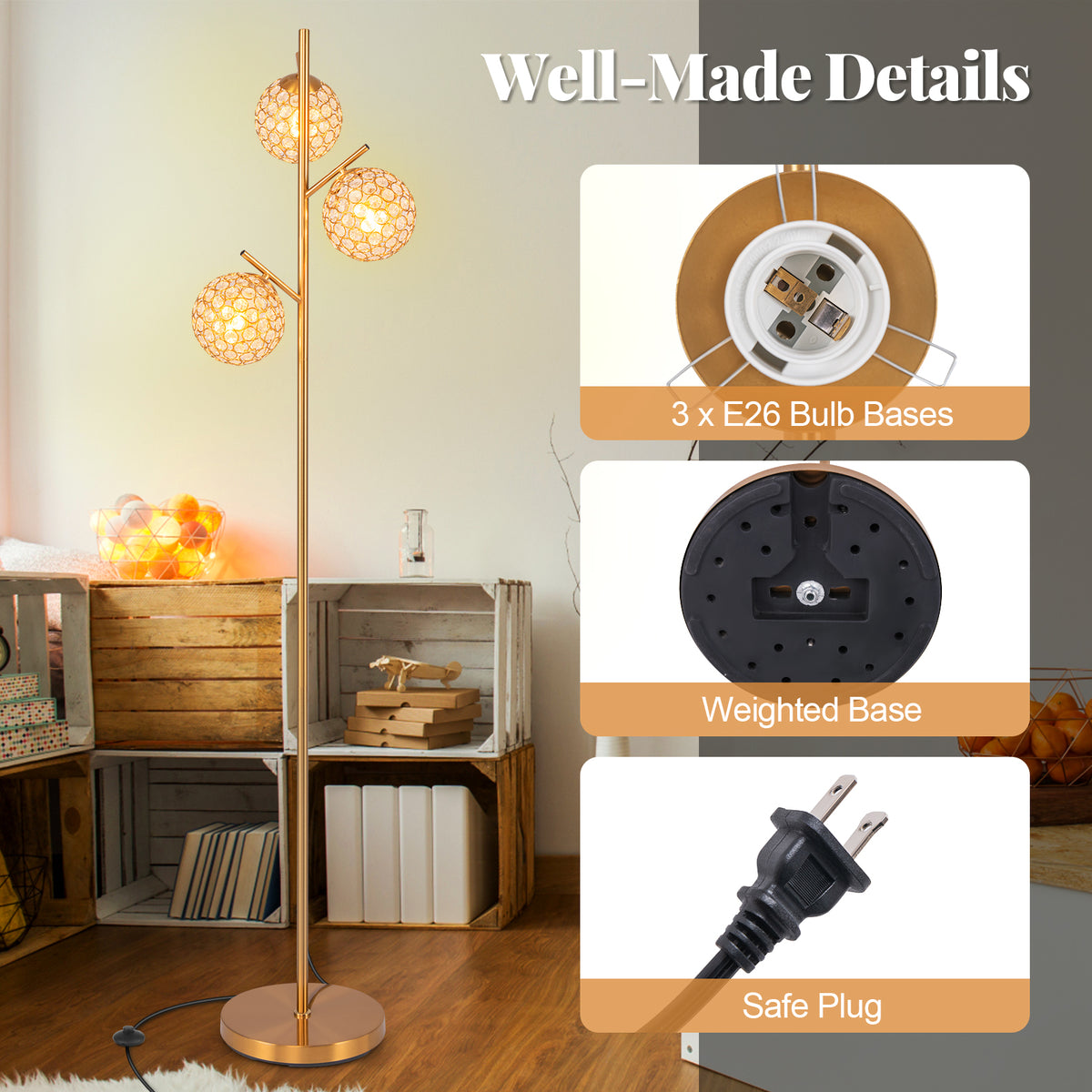 Golden 3-Globe Floor Lamp with Foot Switch & E26 Bulb Bases - Modern Home Decor