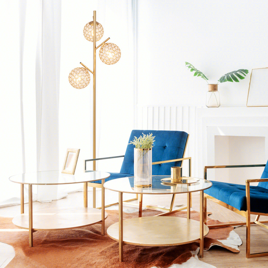 Golden 3-Globe Floor Lamp with Foot Switch & E26 Bulb Bases - Modern Home Decor