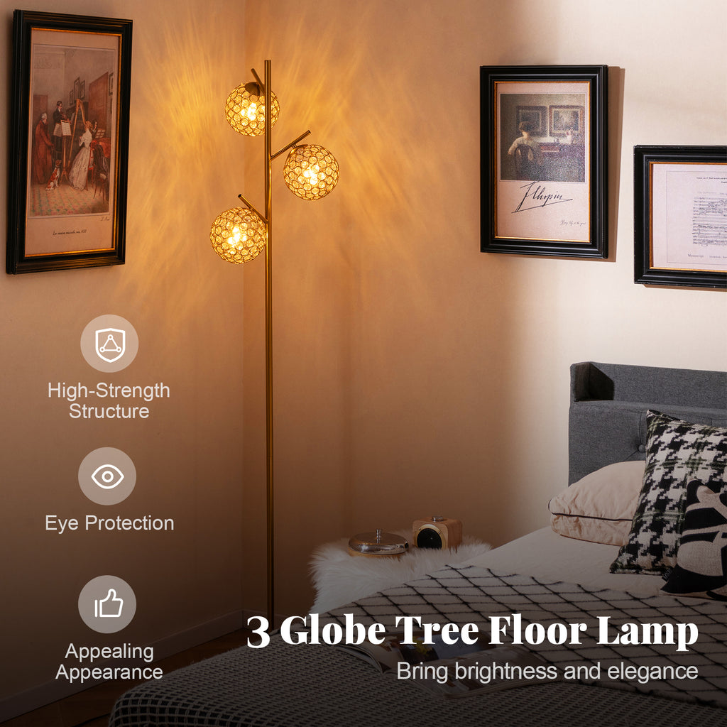 Golden 3-Globe Floor Lamp with Foot Switch & E26 Bulb Bases - Modern Home Decor