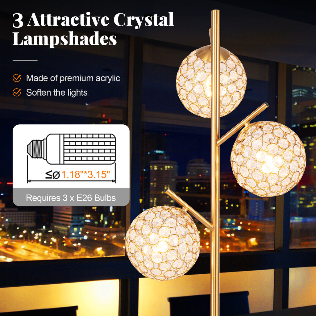 Golden 3-Globe Floor Lamp with Foot Switch & E26 Bulb Bases - Modern Home Decor