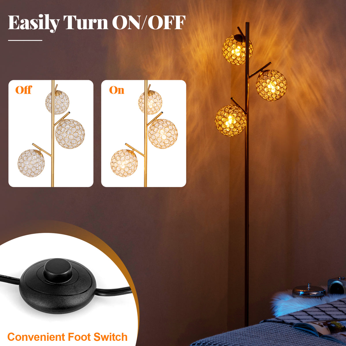 Golden 3-Globe Floor Lamp with Foot Switch & E26 Bulb Bases - Modern Home Decor