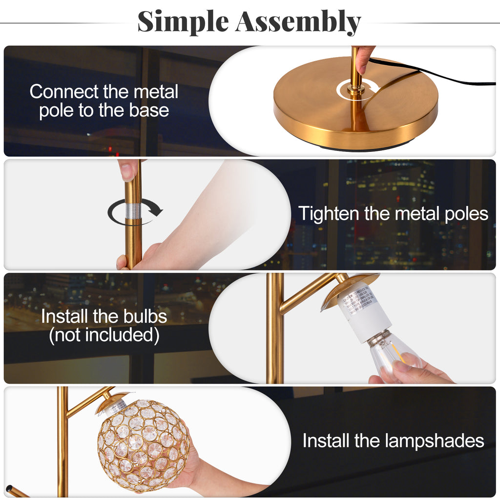 Golden 3-Globe Floor Lamp with Foot Switch & E26 Bulb Bases - Modern Home Decor