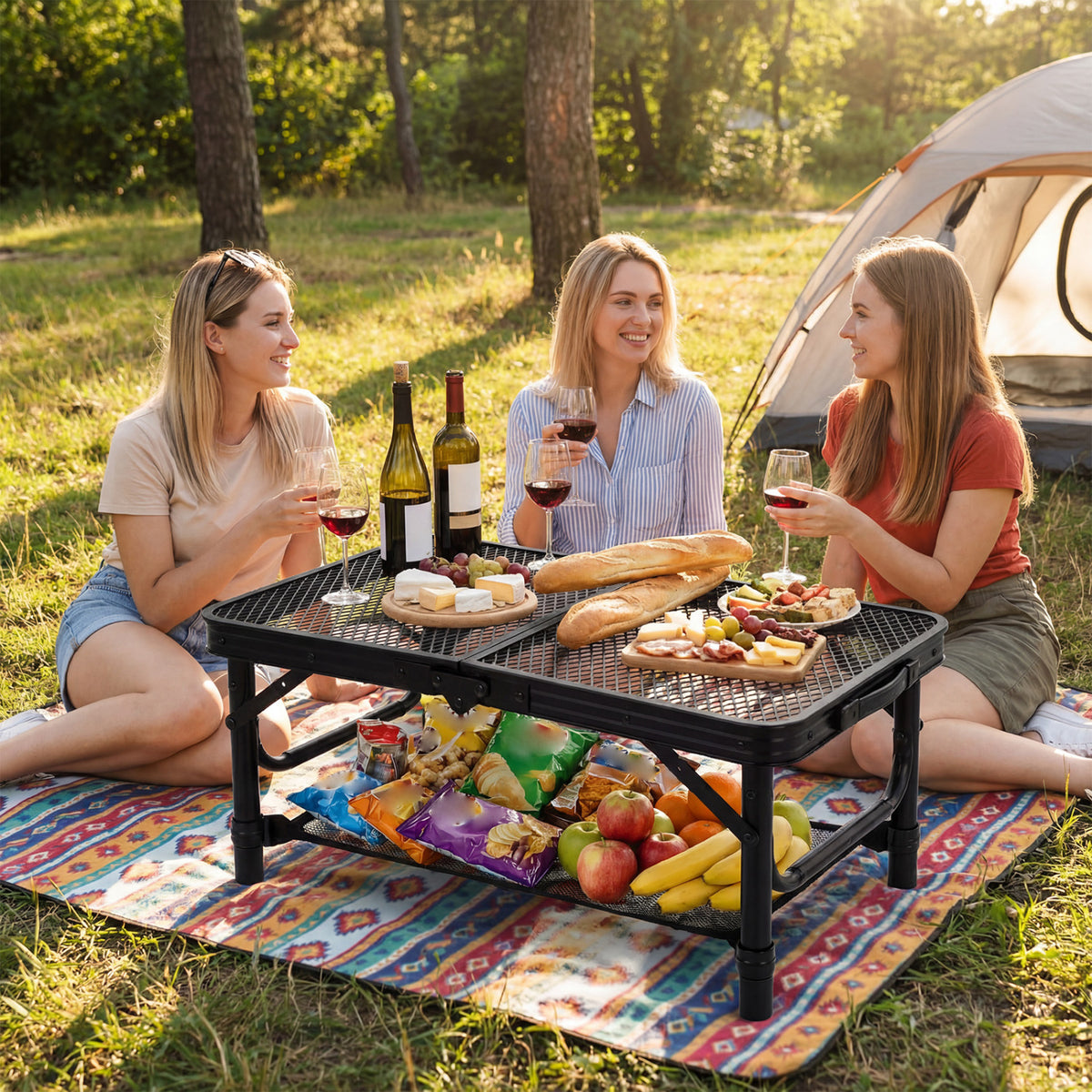 3-Height Folding Picnic Table with Large Storage Net and Handle