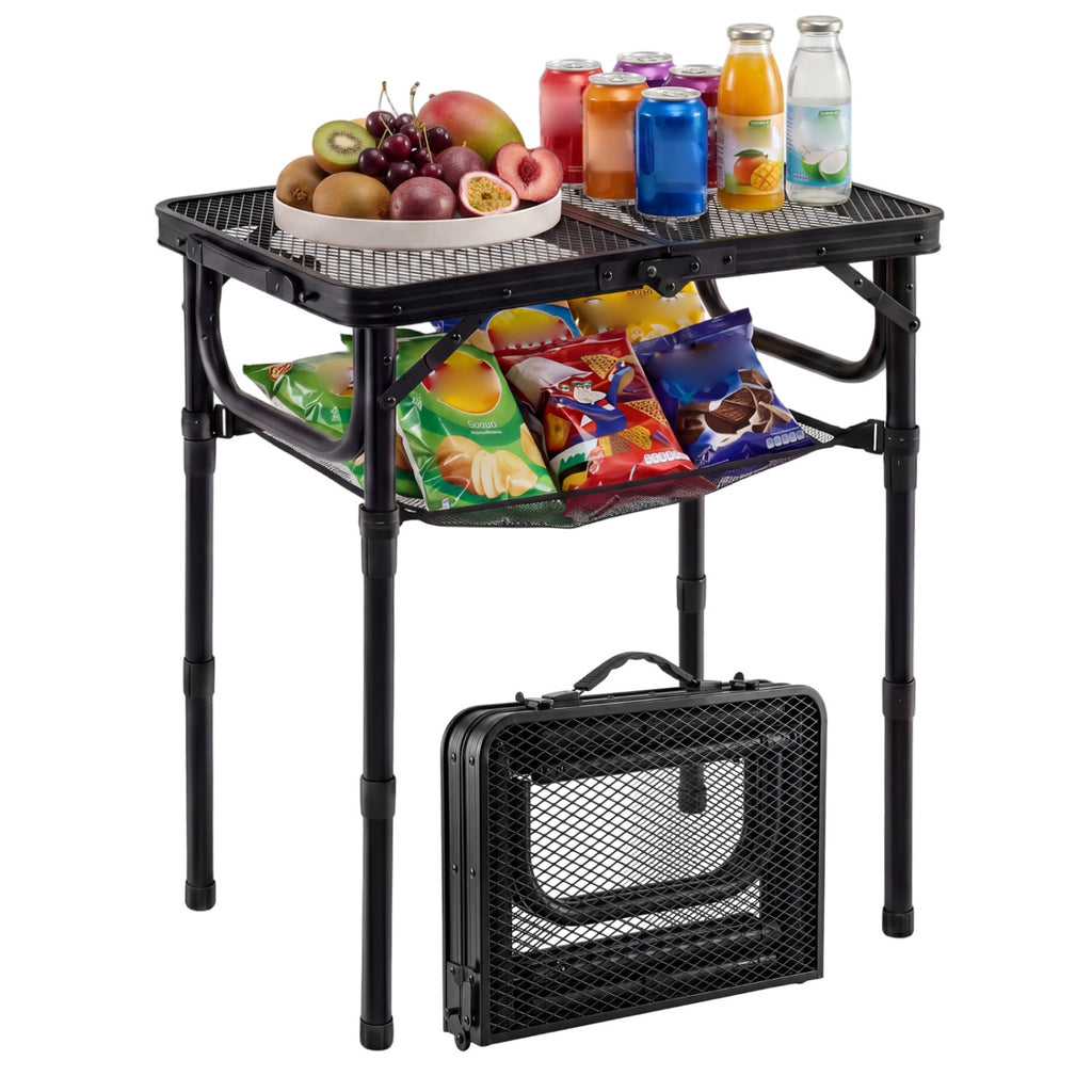 3-Height Folding Picnic Table with Large Storage Net and Handle