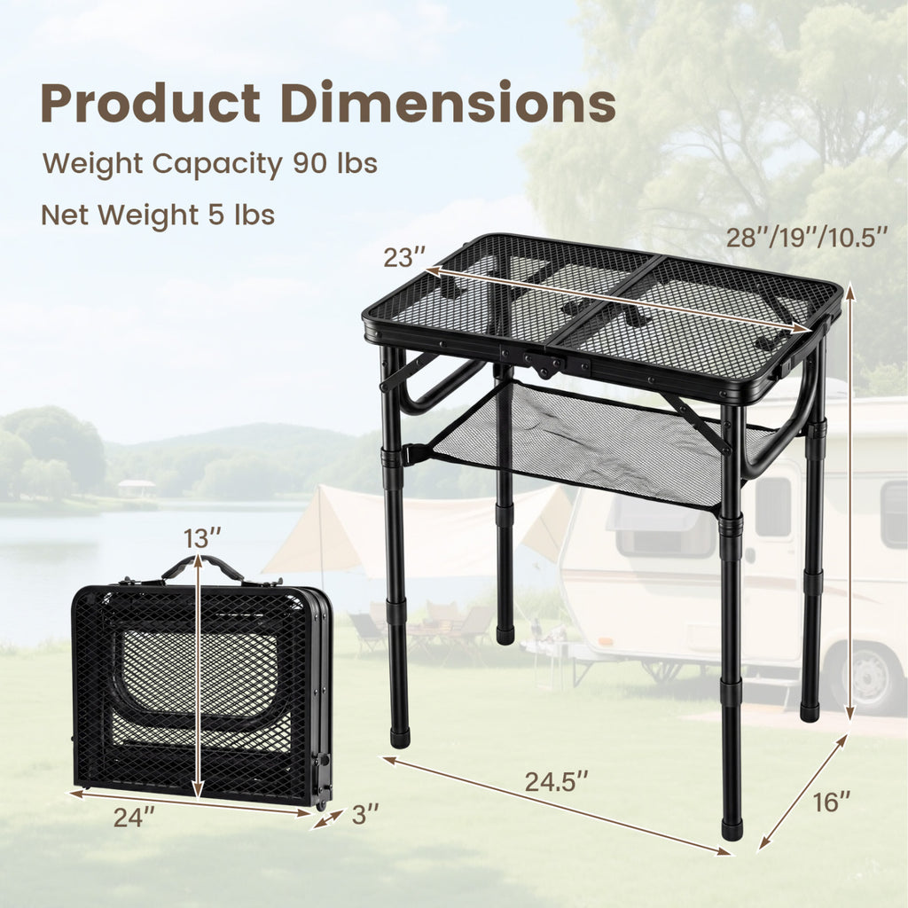 3-Height Folding Picnic Table with Large Storage Net and Handle