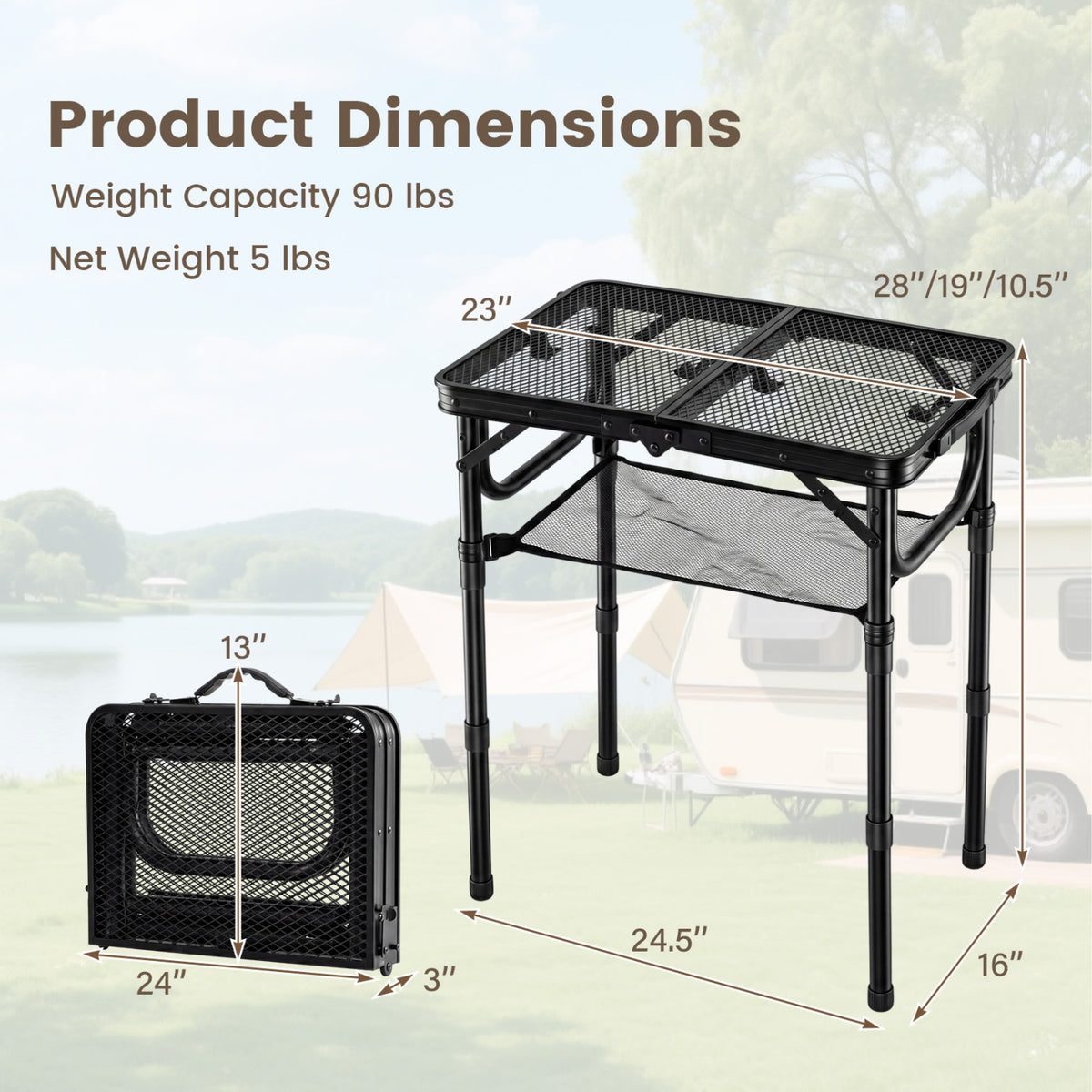3-Height Folding Picnic Table with Large Storage Net and Handle
