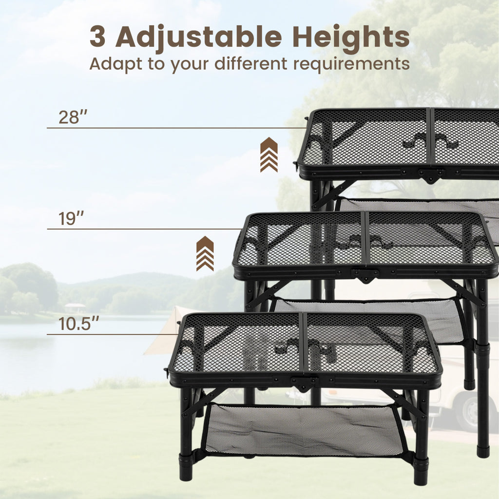 3-Height Folding Picnic Table with Large Storage Net and Handle