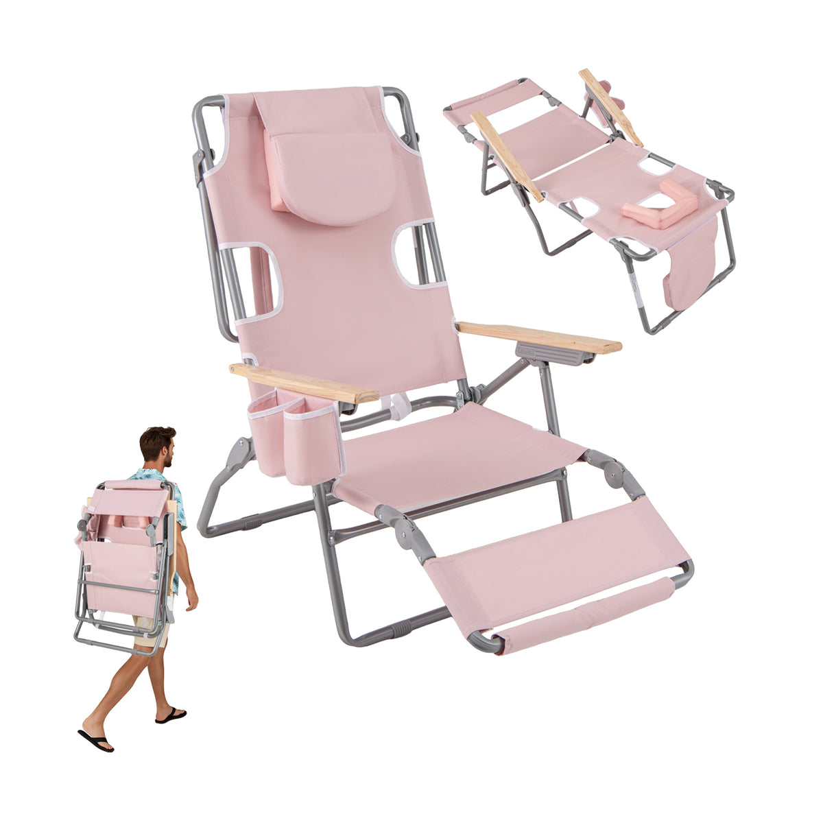 Foldable Beach Chair with Footrest & Adjustable Backrest - Pink