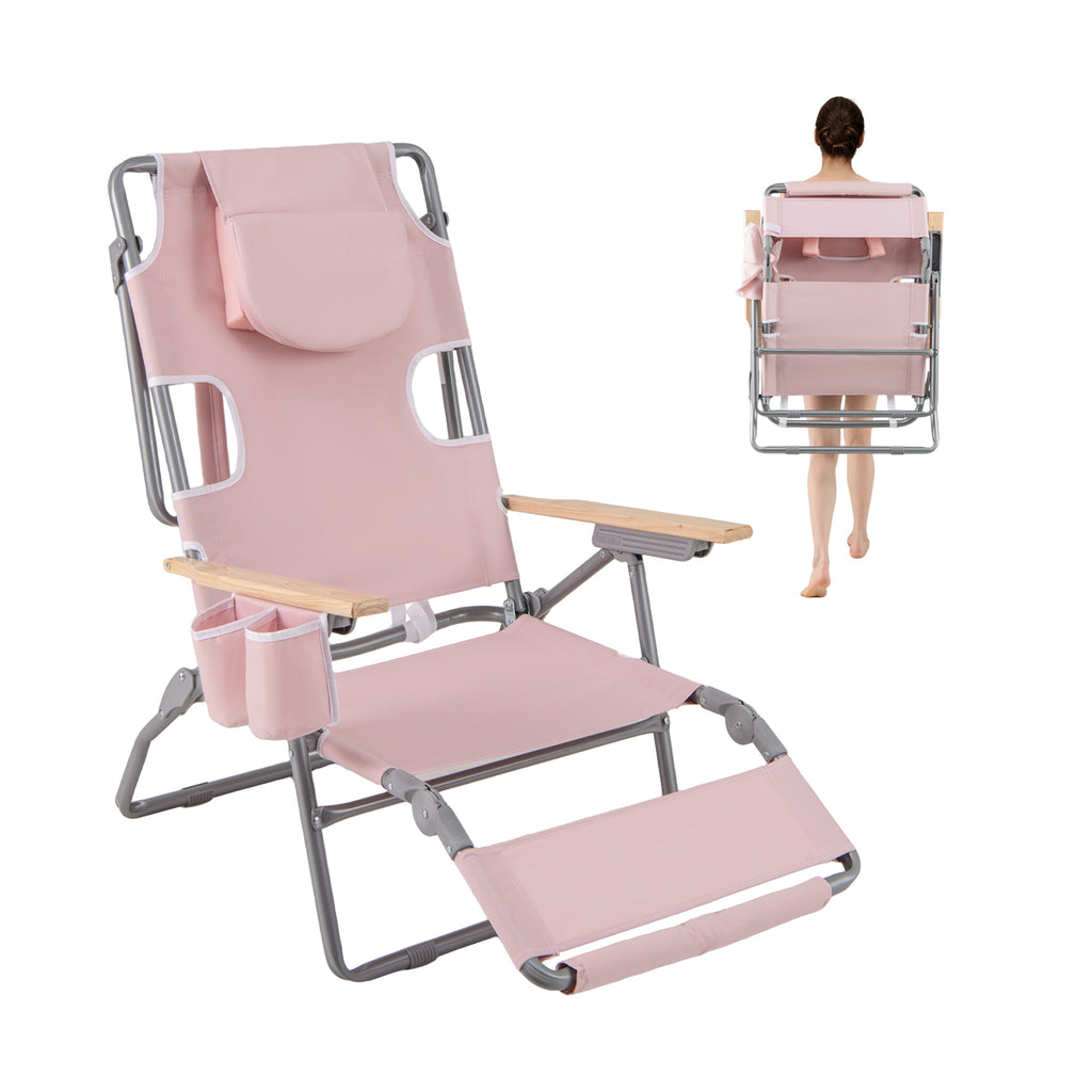 Foldable Beach Chair with Footrest & Adjustable Backrest - Pink