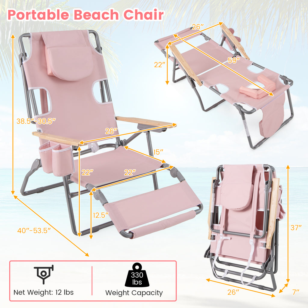 Foldable Beach Chair with Footrest & Adjustable Backrest - Pink