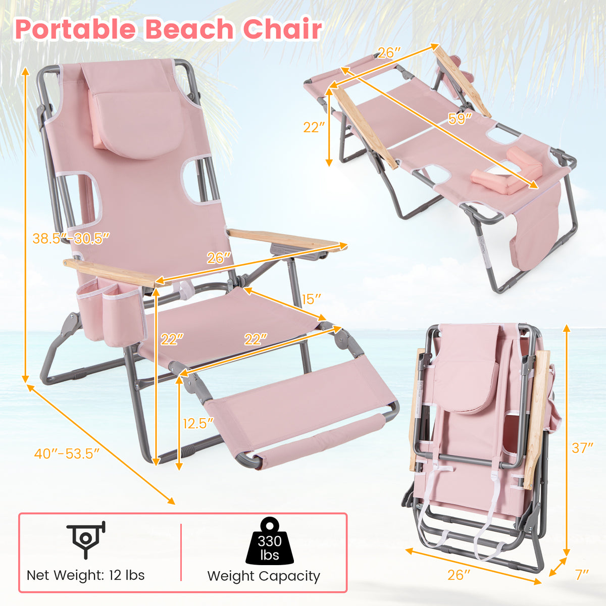 Foldable Beach Chair with Footrest & Adjustable Backrest - Pink
