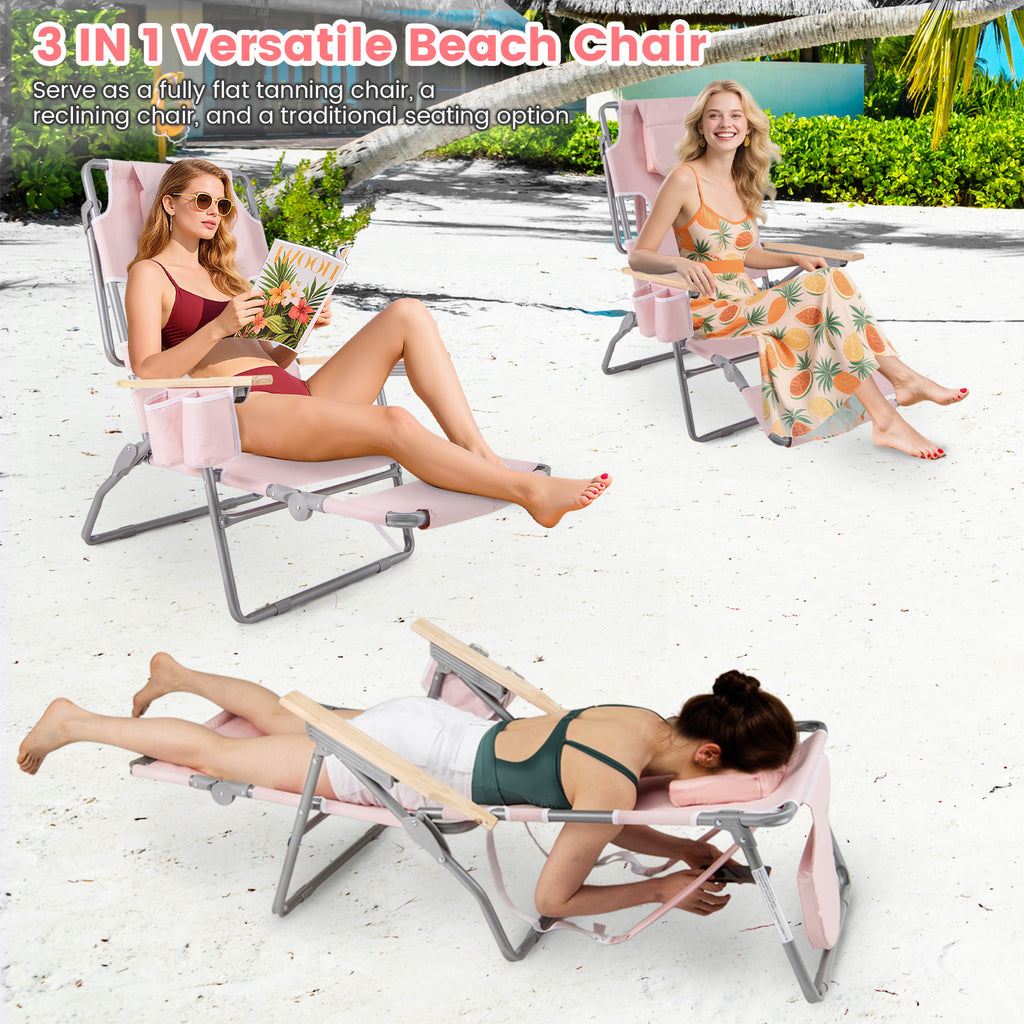 Foldable Beach Chair with Footrest & Adjustable Backrest - Pink