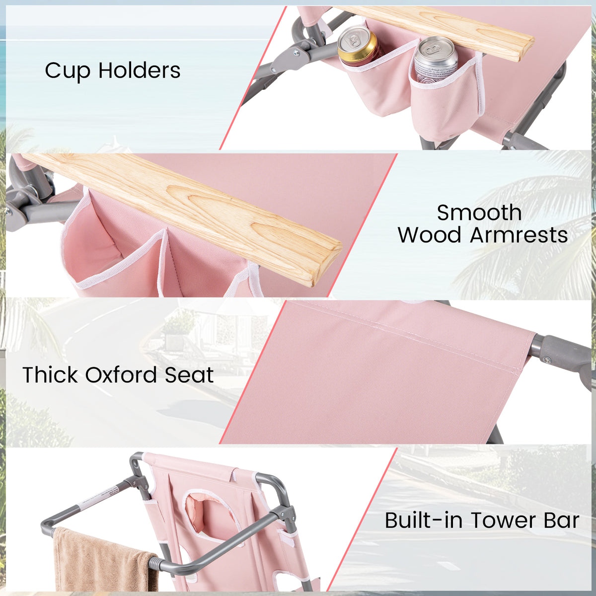 Foldable Beach Chair with Footrest & Adjustable Backrest - Pink