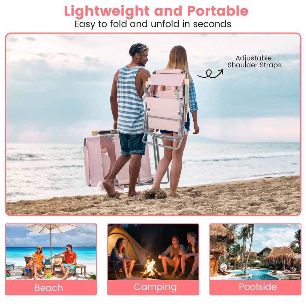 Foldable Beach Chair with Footrest & Adjustable Backrest - Pink