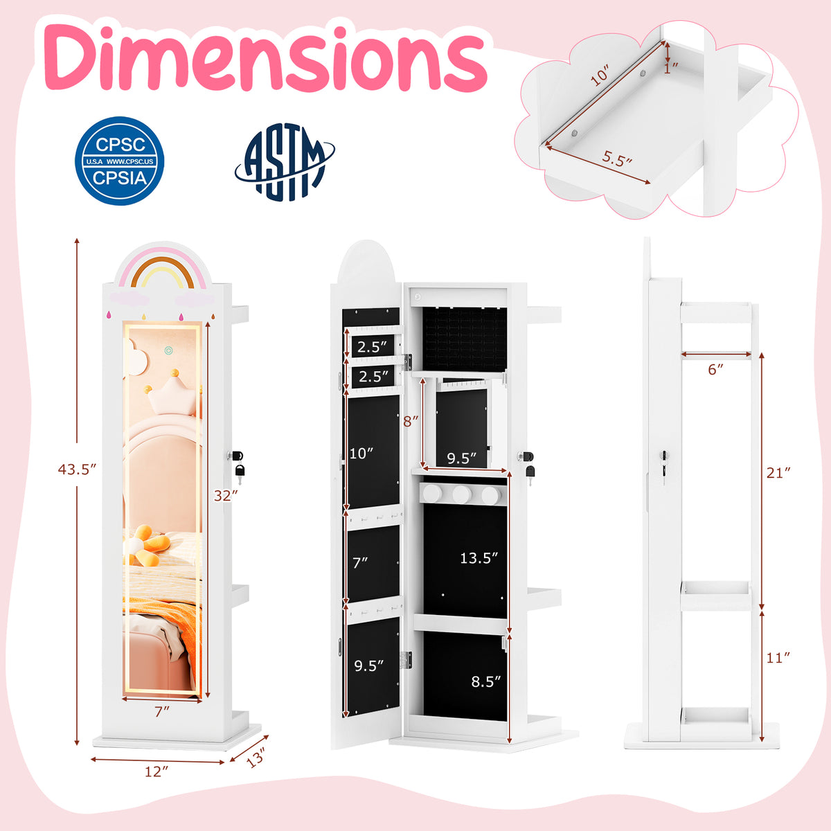 Kids Jewelry Cabinet with Lighted Mirror - Rainbow 3-in-1 Freestanding Armoire