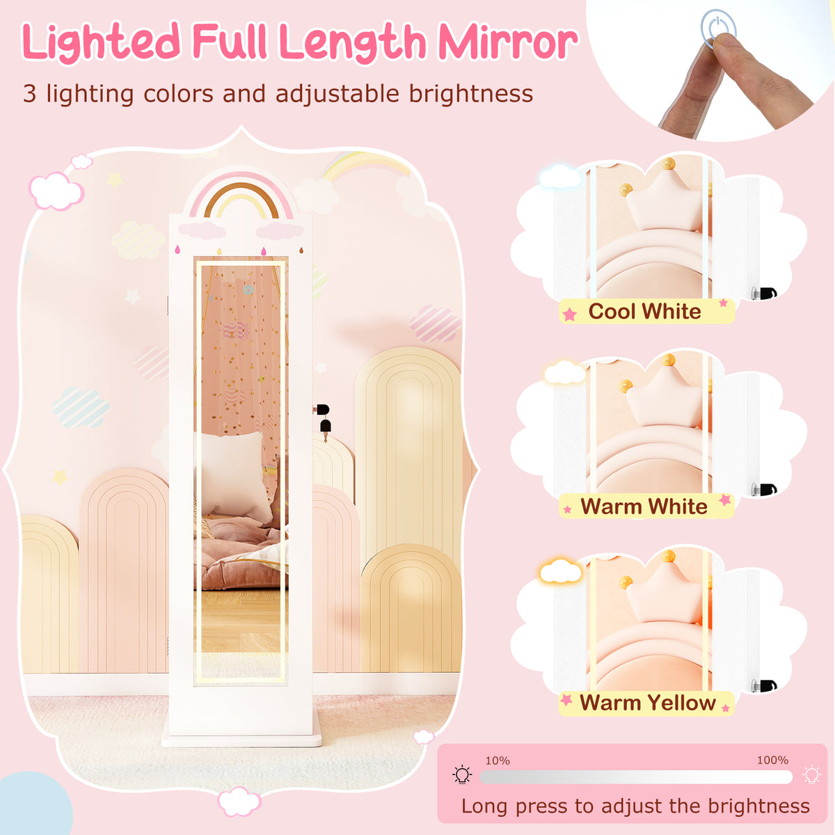 Kids Jewelry Cabinet with Lighted Mirror - Rainbow 3-in-1 Freestanding Armoire
