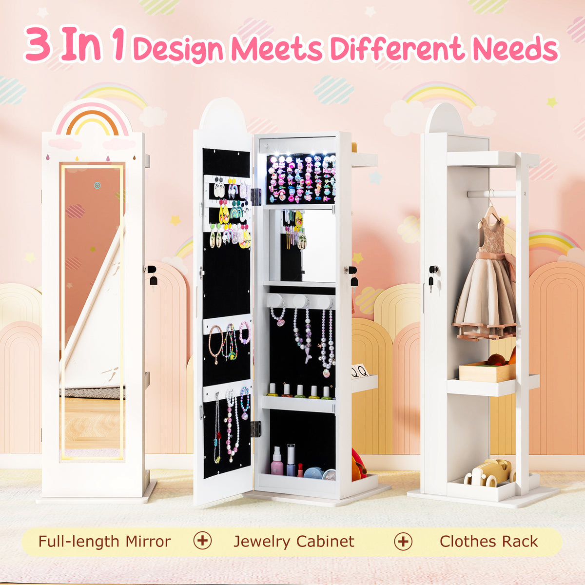 Kids Jewelry Cabinet with Lighted Mirror - Rainbow 3-in-1 Freestanding Armoire