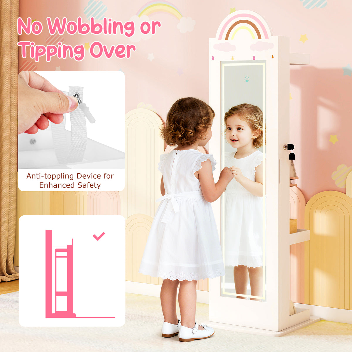 Kids Jewelry Cabinet with Lighted Mirror - Rainbow 3-in-1 Freestanding Armoire