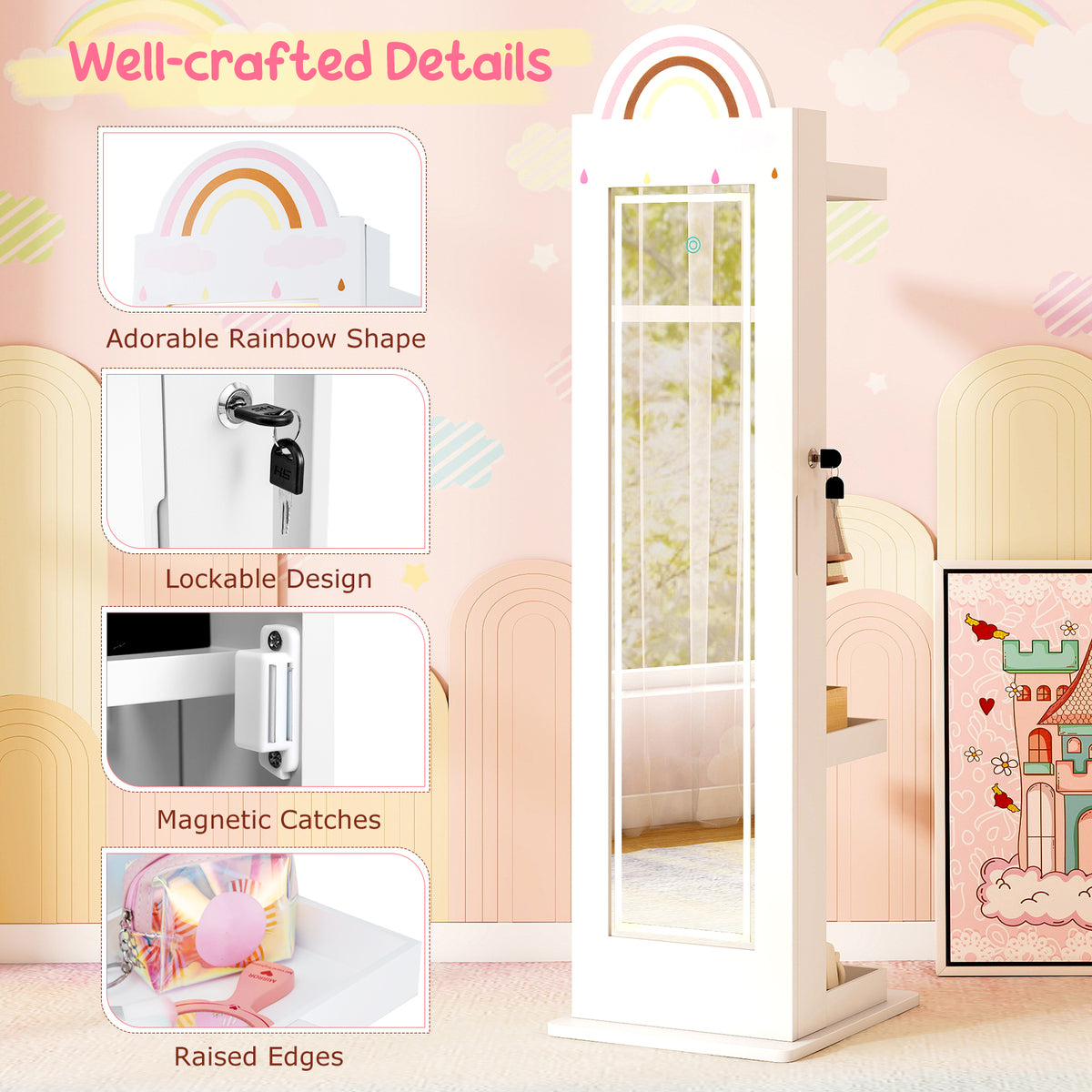 Kids Jewelry Cabinet with Lighted Mirror - Rainbow 3-in-1 Freestanding Armoire