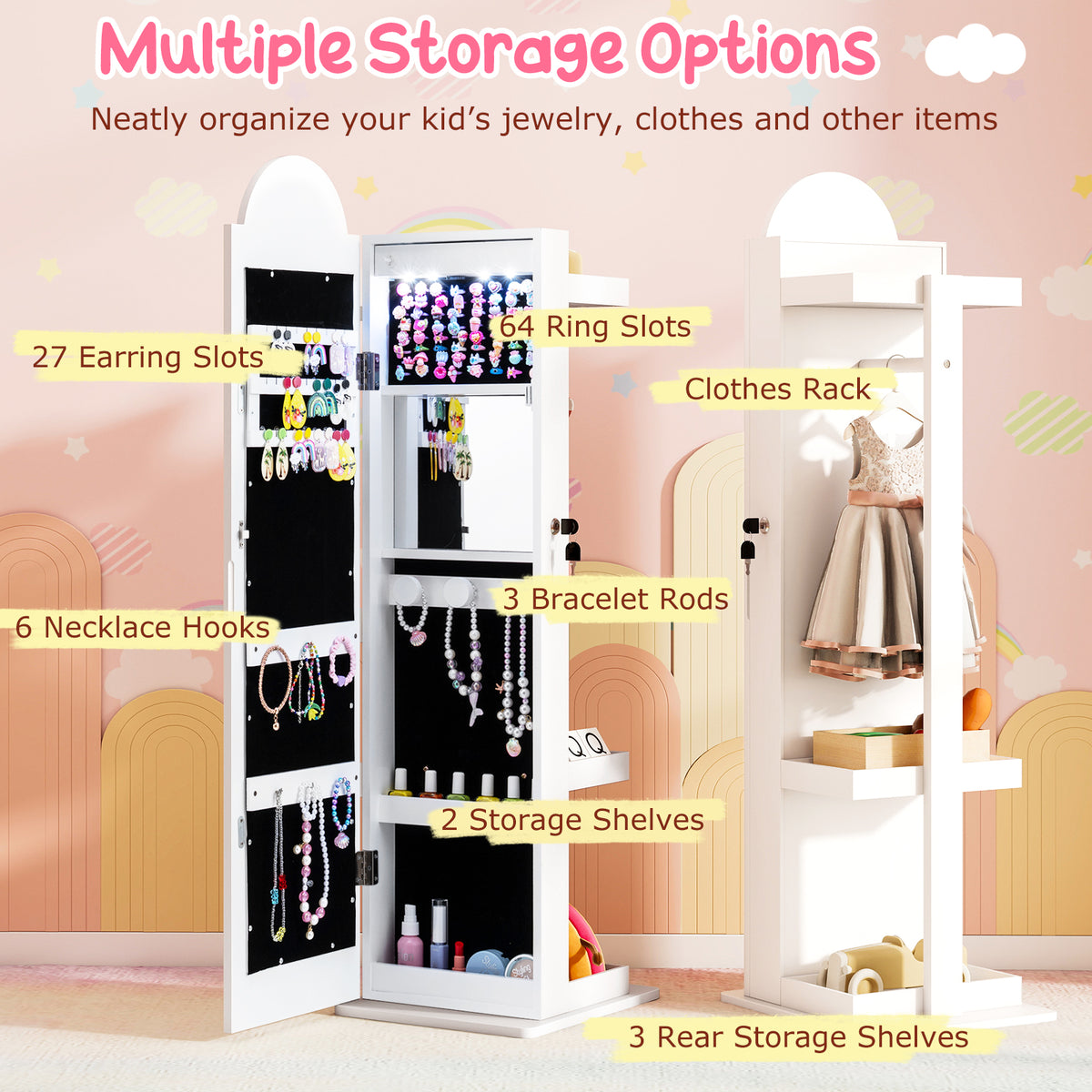 Kids Jewelry Cabinet with Lighted Mirror - Rainbow 3-in-1 Freestanding Armoire