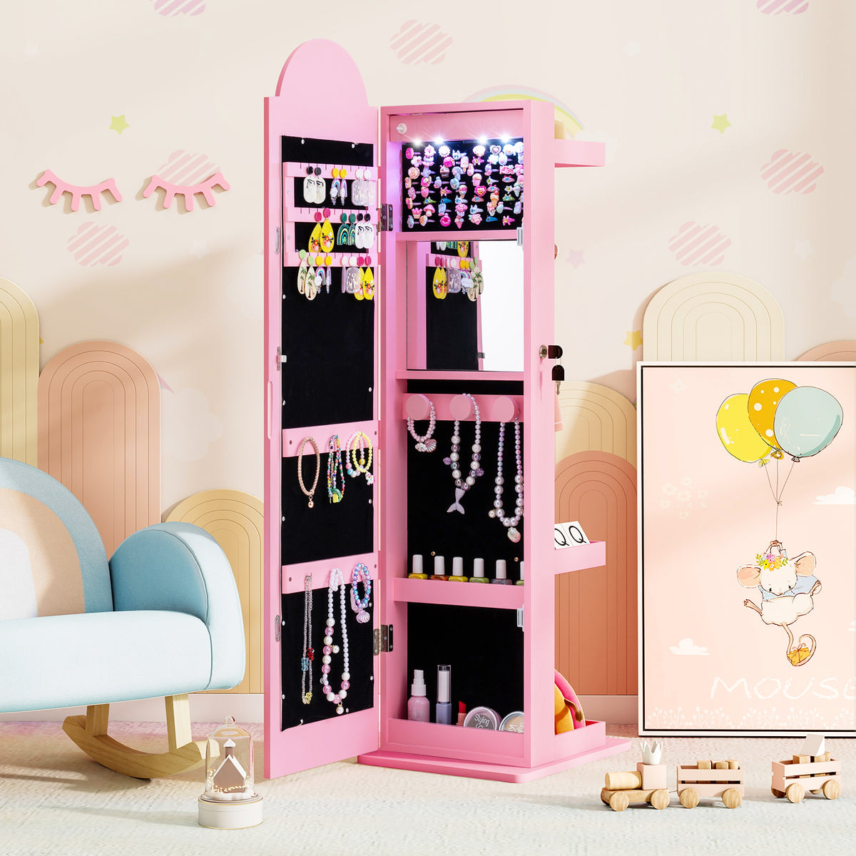 Kids Jewelry Cabinet with Lighted Mirror - Rainbow 3-in-1 Freestanding Armoire