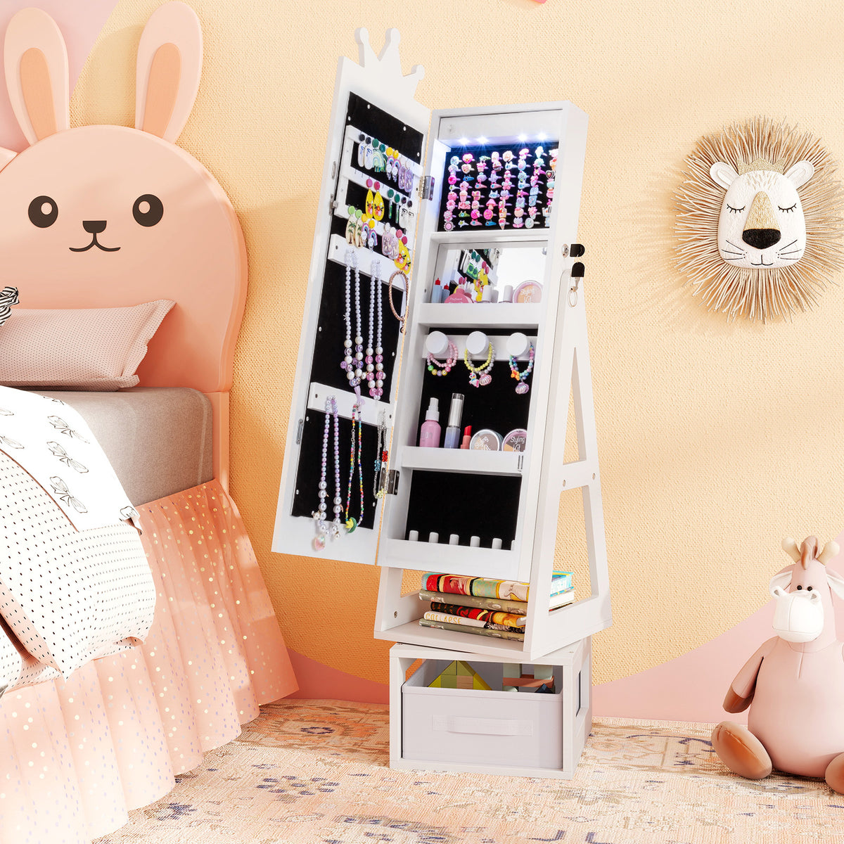 Kids Jewelry Cabinet with 3-Color Lighted Full Length Mirror - Crown, White