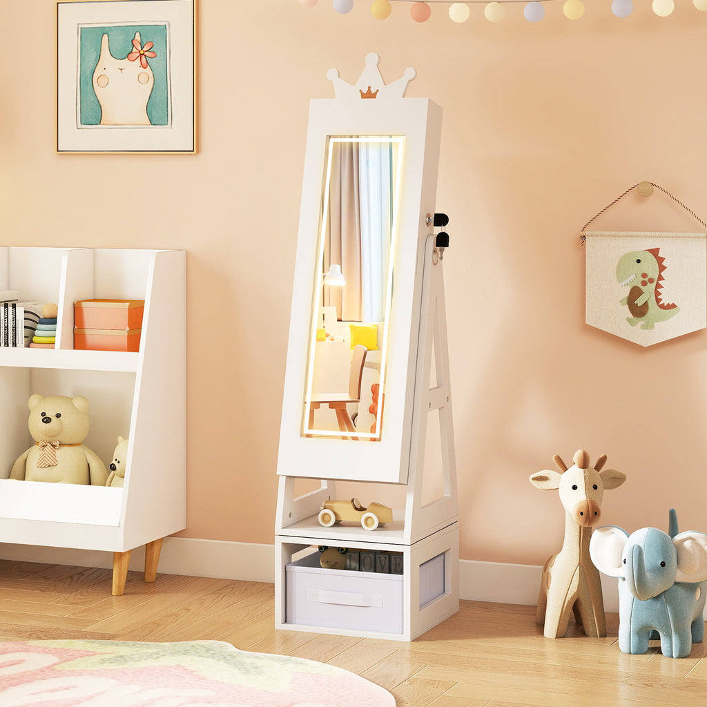 Kids Jewelry Cabinet with 3-Color Lighted Full Length Mirror - Crown, White