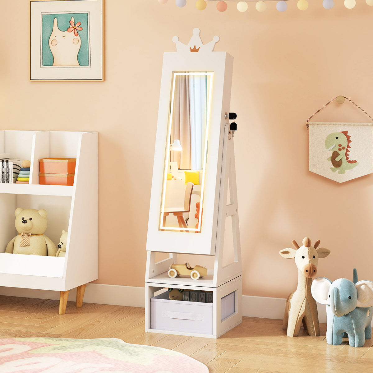 Kids Jewelry Cabinet with 3-Color Lighted Full Length Mirror - Crown, White