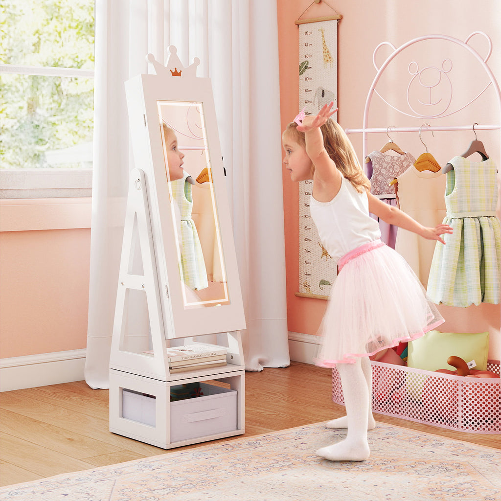 Kids Jewelry Cabinet with 3-Color Lighted Full Length Mirror - Crown, White