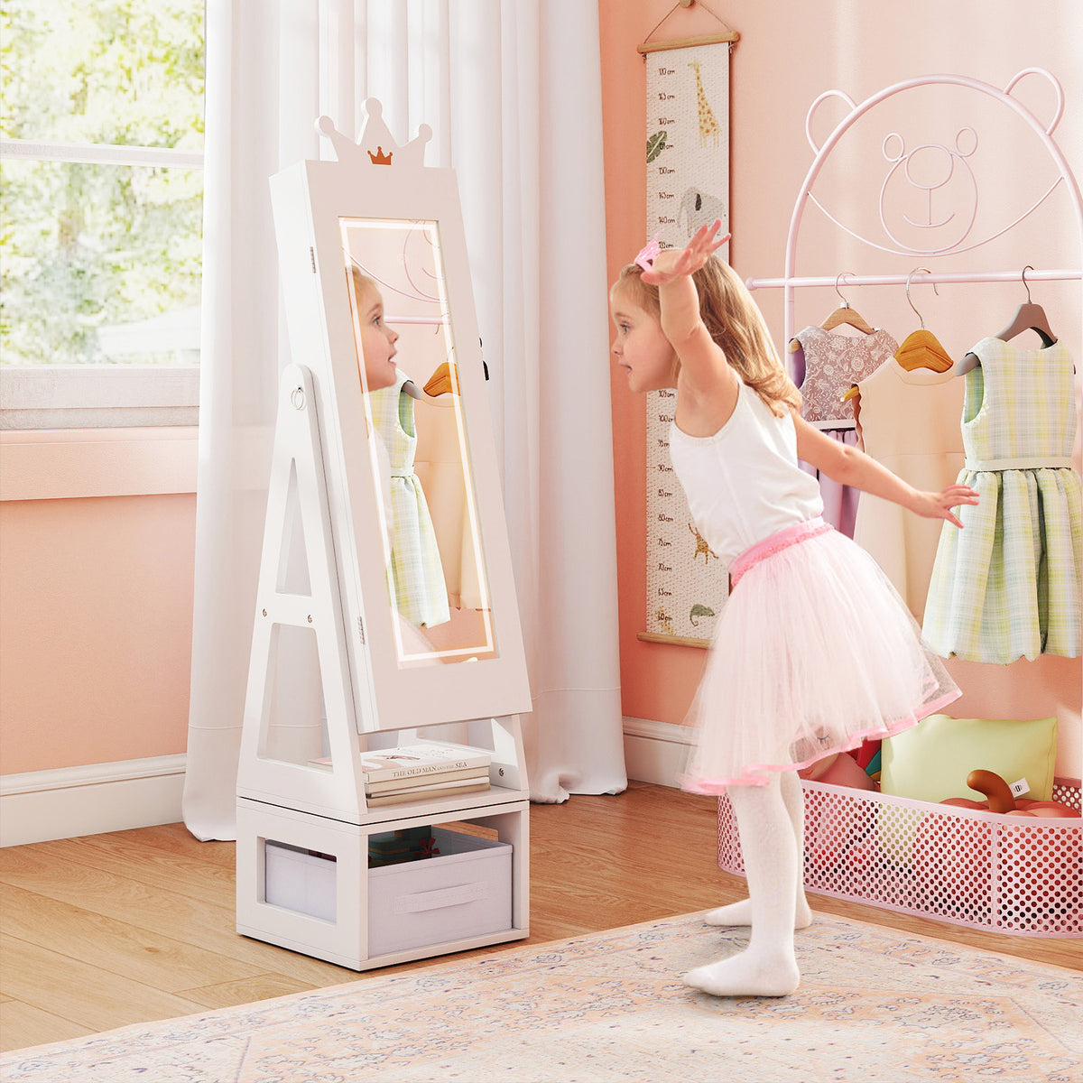 Kids Jewelry Cabinet with 3-Color Lighted Full Length Mirror - Crown, White