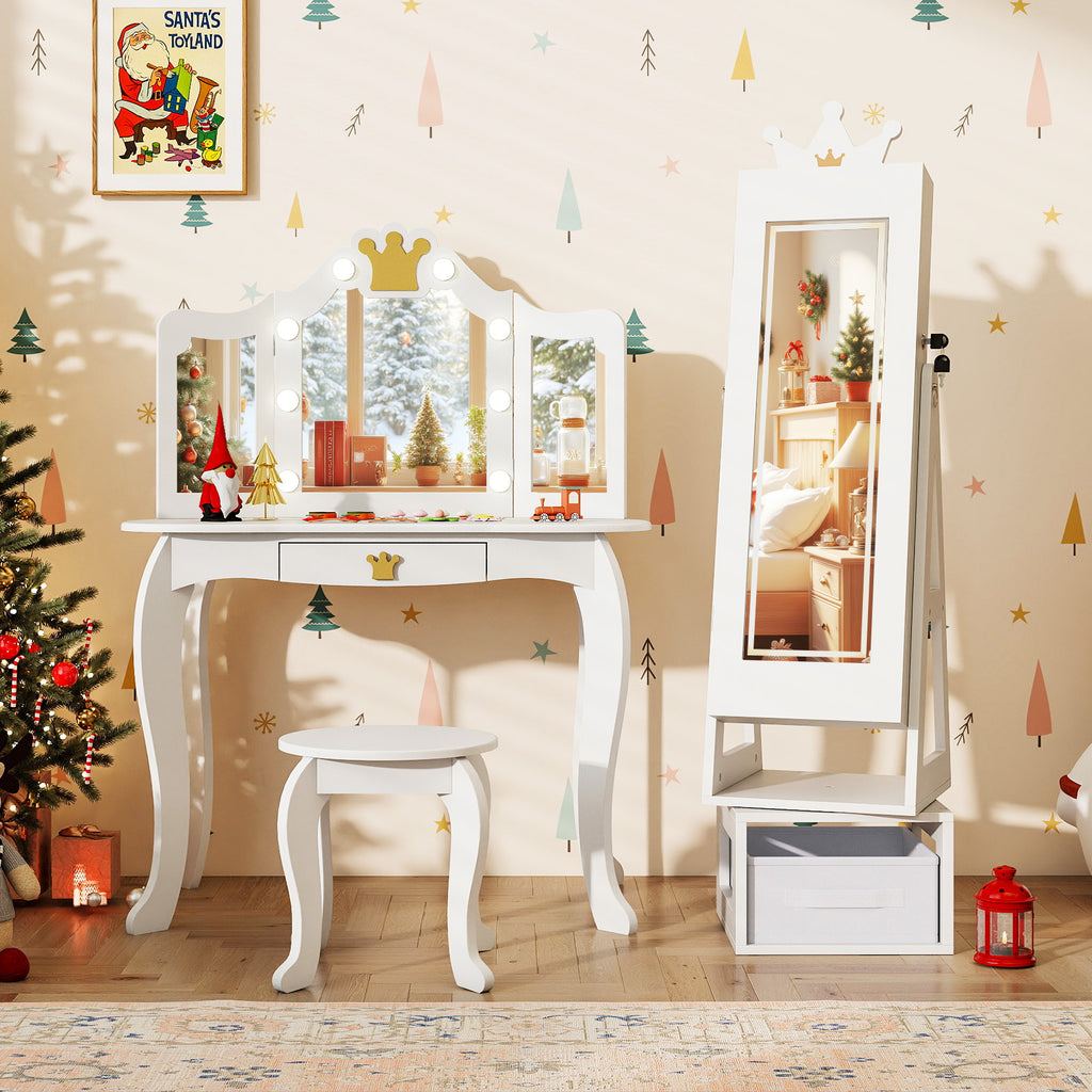 Kids Jewelry Cabinet with 3-Color Lighted Full Length Mirror - Crown, White