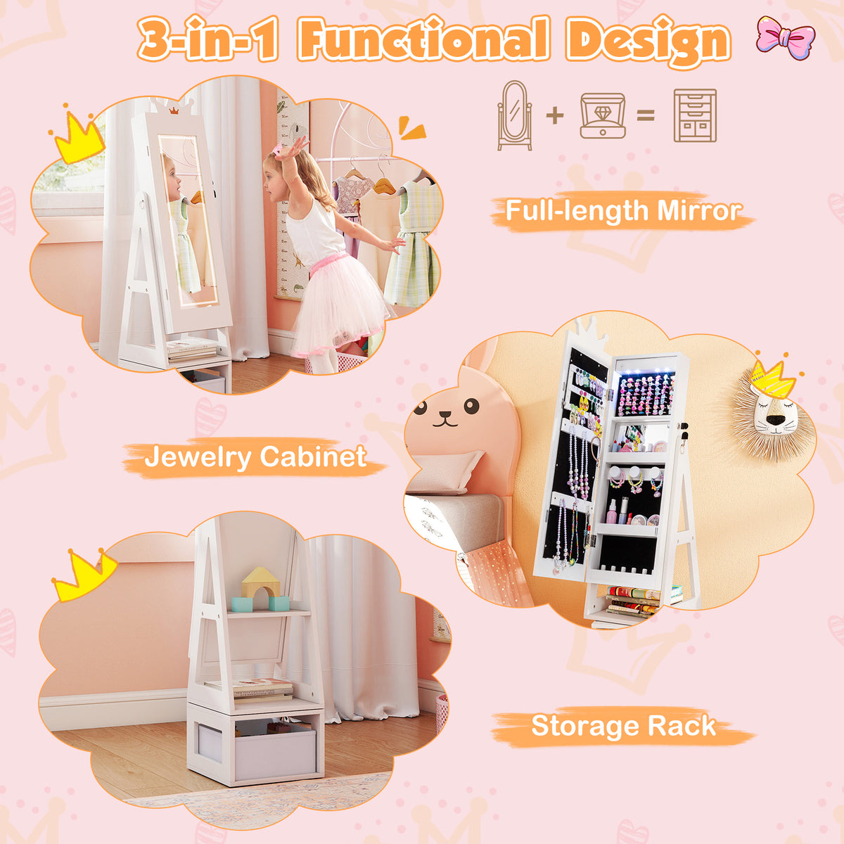 Kids Jewelry Cabinet with 3-Color Lighted Full Length Mirror - Crown, White