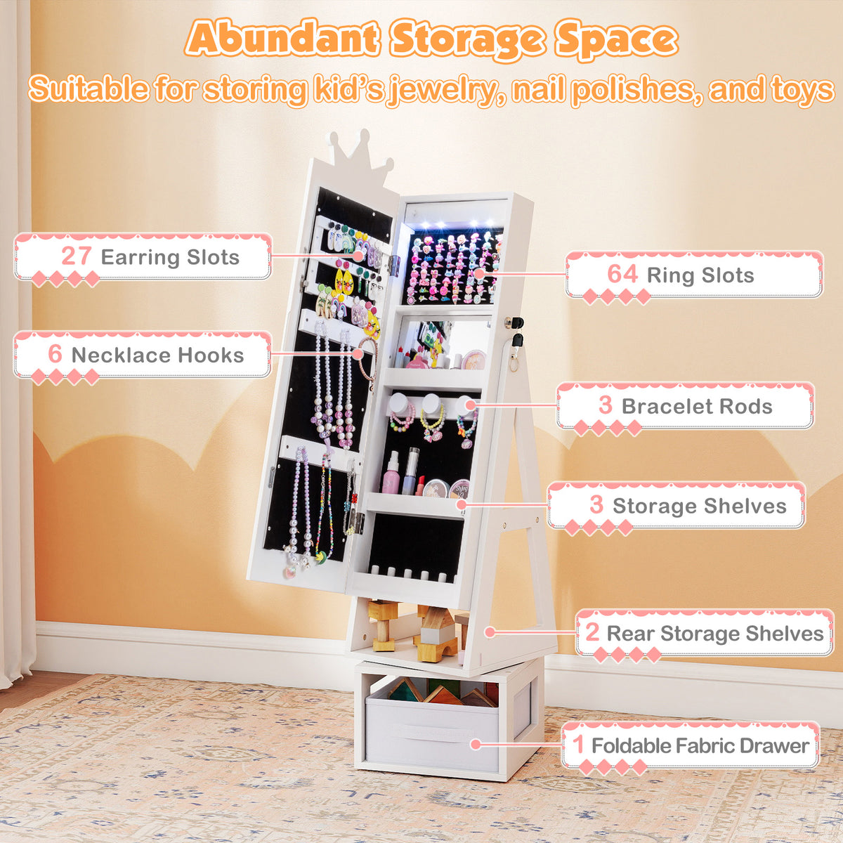 Kids Jewelry Cabinet with 3-Color Lighted Full Length Mirror - Crown, White